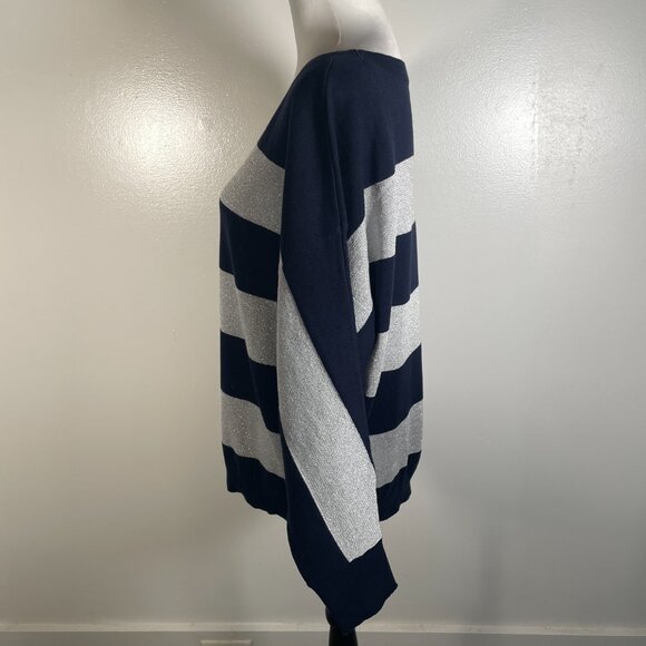 Liz Claiborne Navy Blue Silver Striped Boat Neck Tight Knit Pullover Sweater XL - Picture 6 of 13